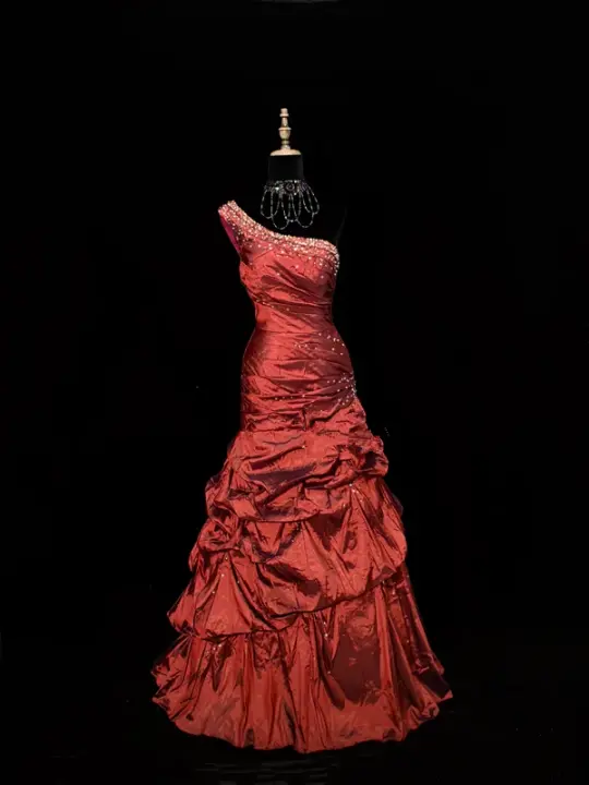 Red one-shoulder fitted waist ball gown with a full skirt R8690