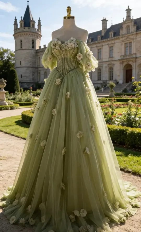 Romantic floral Bud Green A-Line Strapless Long Dress with Applique and Tulle Birthday Dress Quinceanera Dress RS023