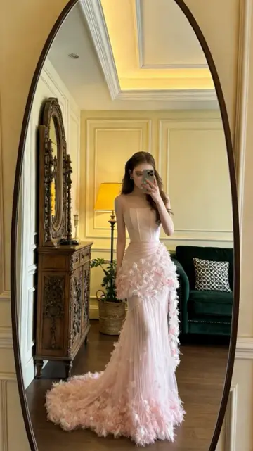 Light pink strapless, fitted, fishtail long ball gown, bridal dress R8573