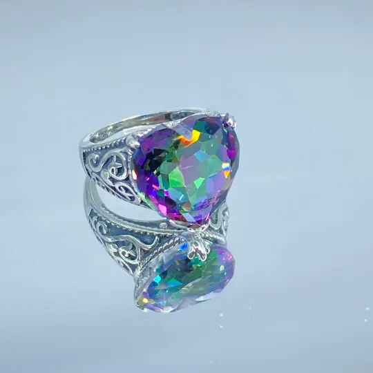 Mystic Topaz Ring, Size 6, Heart Gem, Gothic Filigree Jewelry #D132 - Ready to Ship
