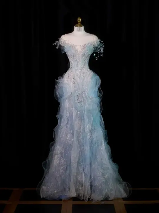 Light blue off-the-shoulder fitted waist bodycon long ball gown, bridal dress R8922