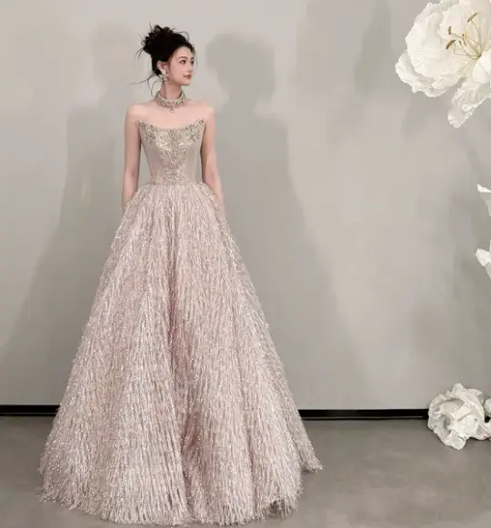Gorgeous Blush Pink Beaded Quinceanera Dress ,Feather Decor Corset Maxi Evening Dress RS1240