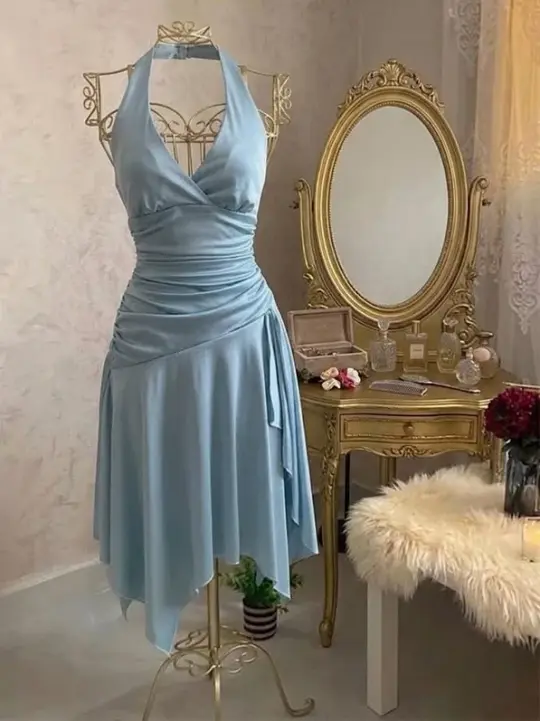 Minimalist Pale Blue Homecoming Dress A-Line Halter Chiffon Mini Prom Dress RS689