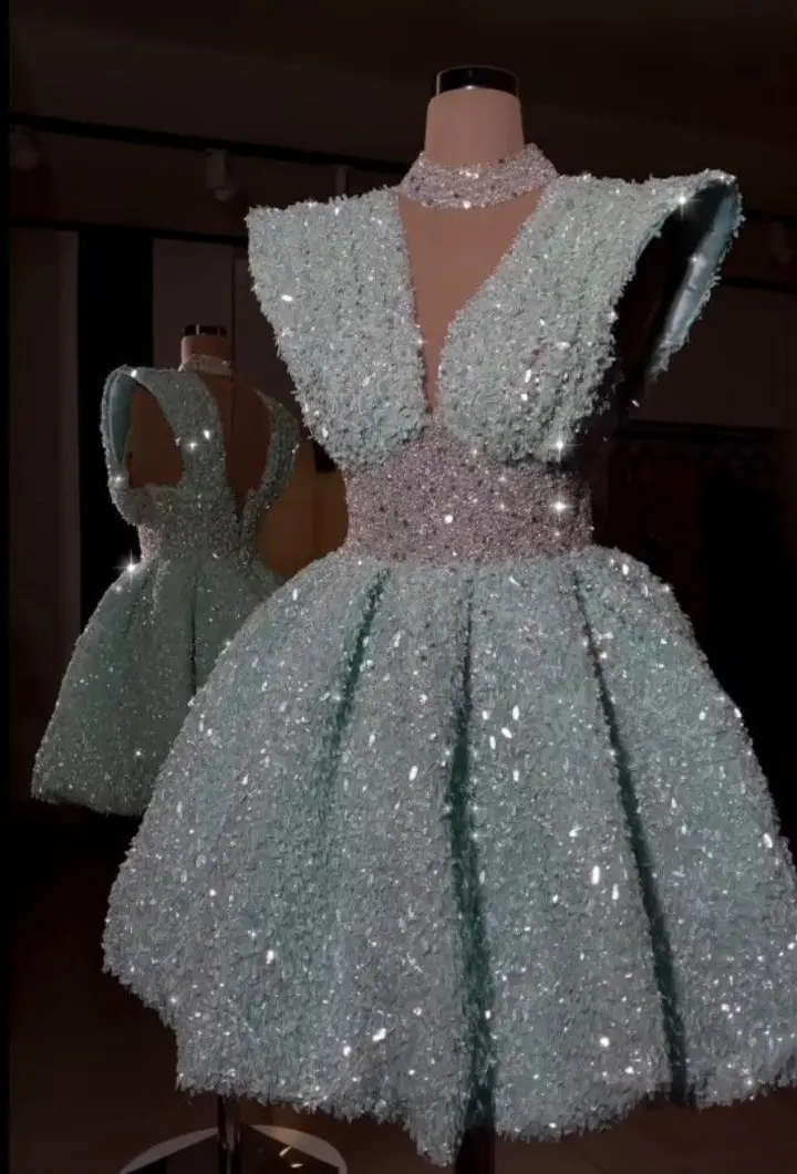 Light green sleeveless slim waist shiny short skirt homecoming dress R3550