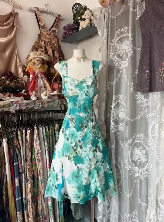 Green floral print halter-neck fitted A-line short ball gown R7466