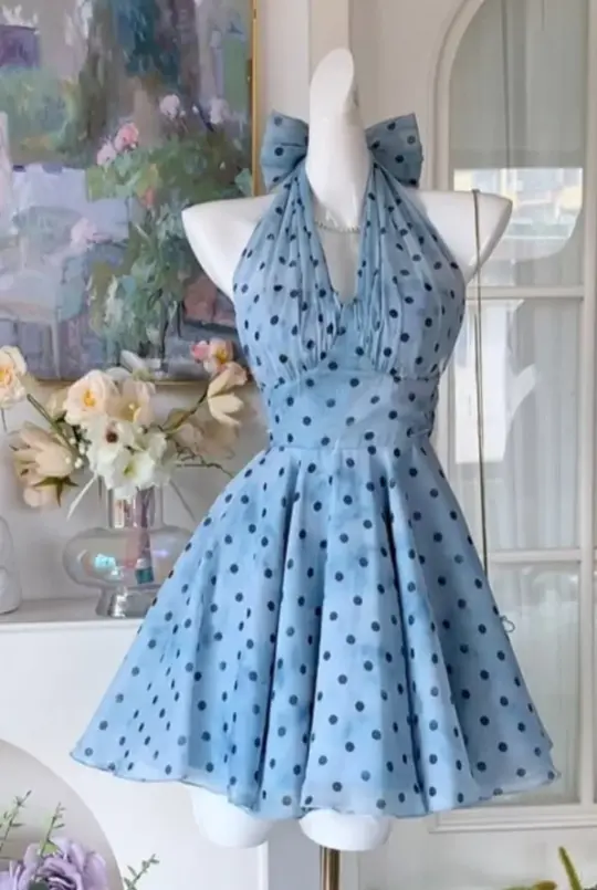 Fresh Baby Blue Homecoming Dress ,A-Line Deep V-neck Polka Dots Corset Short Prom Dress RS1171