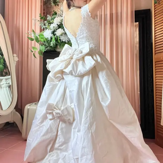 Mori Lee 70% Silk Ivory Ballgown With Lace Top & Bustle