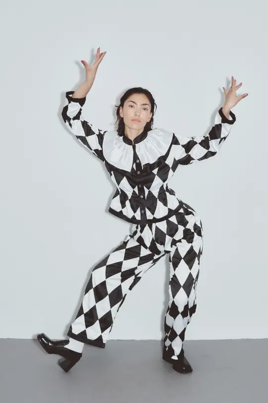 Quilted Satin Harlequin Jester Pants Black