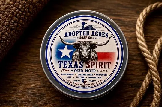 Texas Spirit Oud Noir Shave Soap.  4 ounces.  Scent notes of Blue Bonnet, Charred Cedar, Rose, Oud, Gun Powder