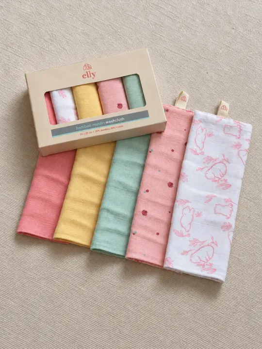 Bamboo Muslin Washcloth Set of 5 - Beary Pink