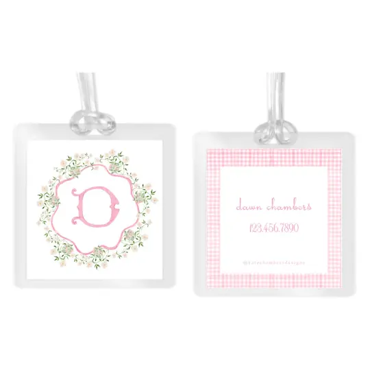Girl's Watercolor Wreath Monogram Square Laminated Bag Tag