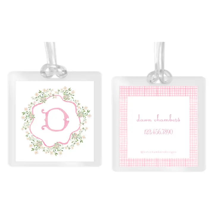 Girl's Watercolor Wreath Monogram Square Laminated Bag Tag