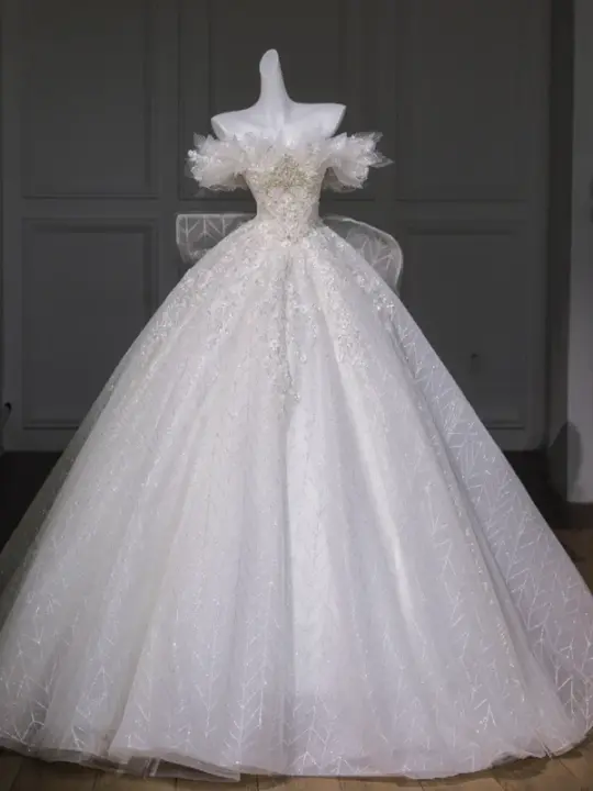 White tube-top diamond waist slim fit puffy skirt long bridal dress R5815