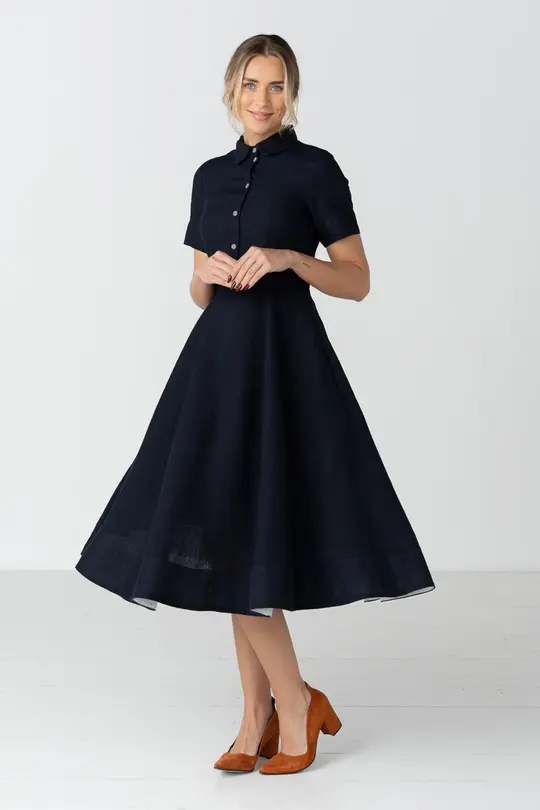 Frida – Short Sleeve Linen Dress with Shirt Collar