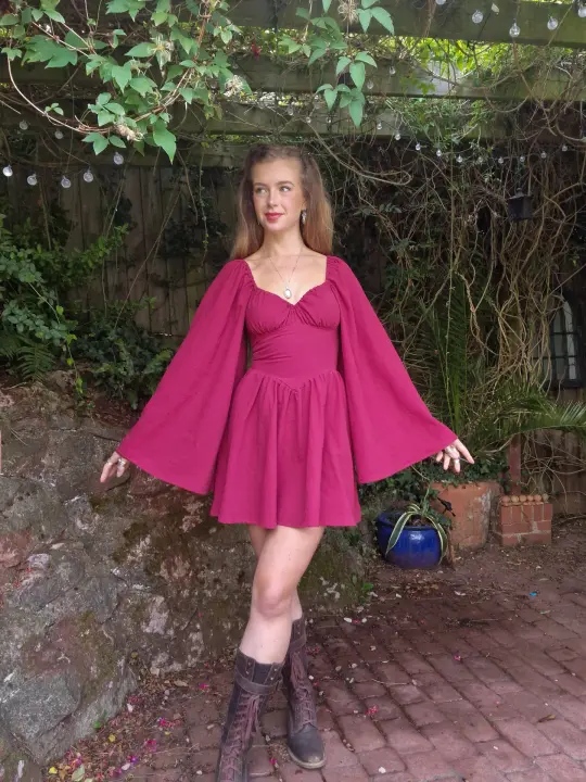 Sweetheart Dress (Lace up back, bell sleeves, standard skirt, pointed waistband)