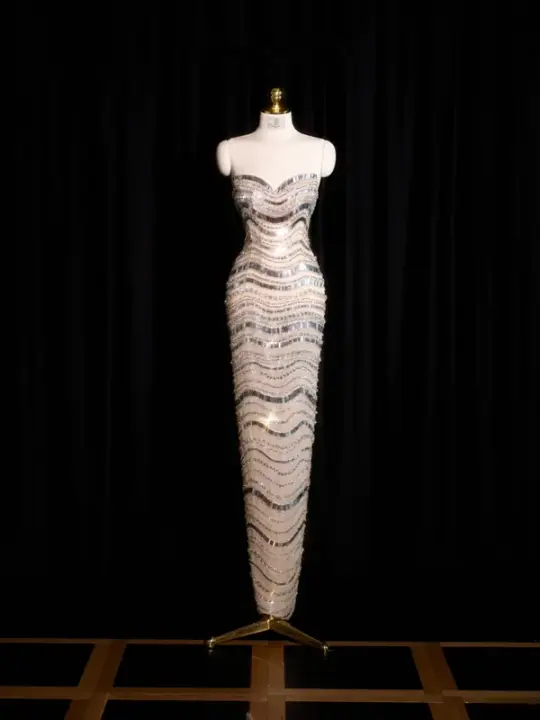 Light apricot base with silver sequins, strapless, fitted long ball gown, bridal dress R8907