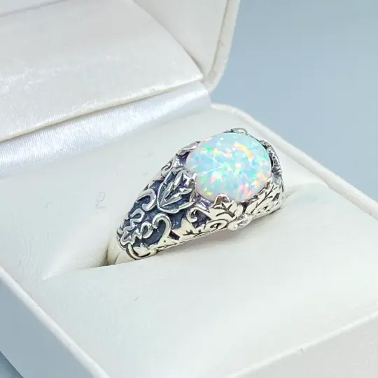 Opal Ring, Size 8, Sterling Silver Ivy Leaf Filigree Jewelry #D57 - Ready to Ship