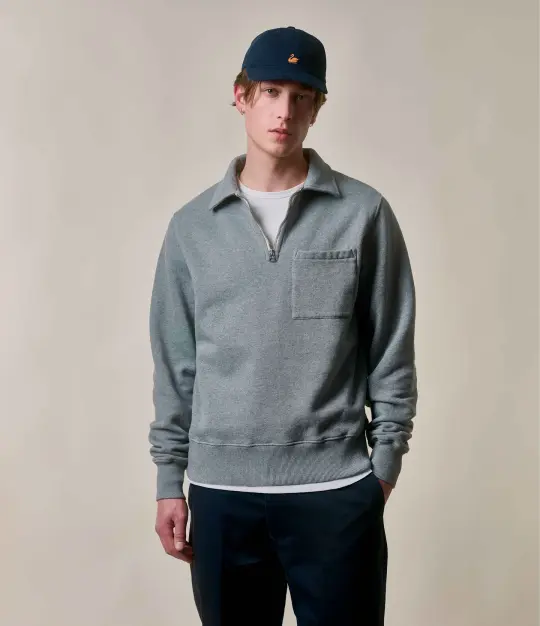 Cropped Vintage Fleece Polo Collared Half-Zip Sweatshirt with Brushed Interior
