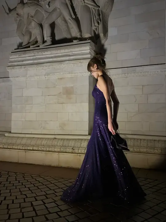 Purple sequined halter-neck fitted long ball gown R8861