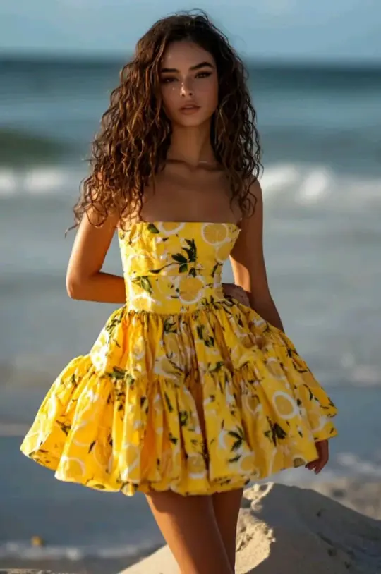 Retro Yellow Floral Tube Top Waist Puffy Skirt Homecoming Dress R3178