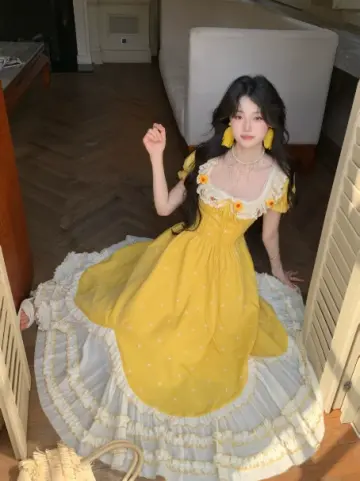 Vibrant Bright Yellow A-Line Square Polka Dots Corset Maxi Prom Dress Birthday Dress RS612