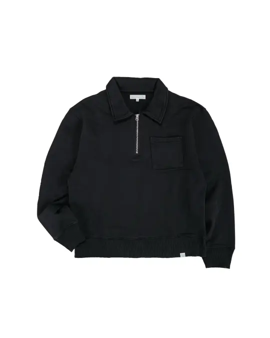 Merz B. Schwanen ZIP03 Authentic Fleece Polo Collared Half-Zip Cotton Sweatshirt Deep Black