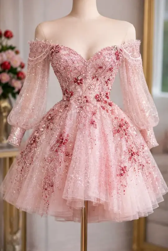 Tulle Glitter Floral Women's Homecoming Dress Pink Corset Mini Birthday Dress RS2399