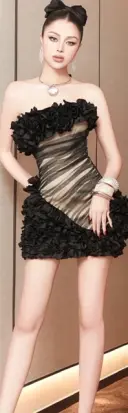 Black tube top three-dimensional flower waist slim hip sexy short skirt homecoming dress R4526