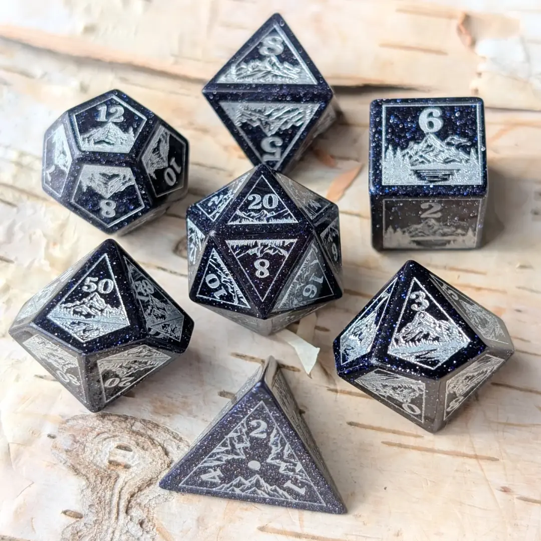 Everwild Blue Goldstone Gemstone Dice – Forest & Mountain Etched 7-Piece Set | Fennek & Finch
