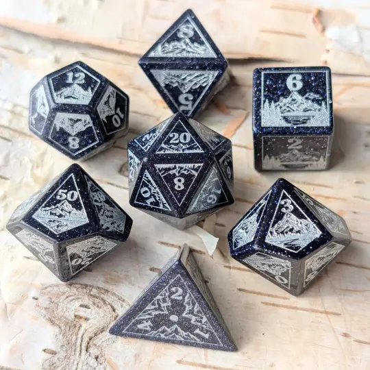Everwild Blue Goldstone Gemstone Dice – Forest & Mountain Etched 7-Piece Set | Fennek & Finch