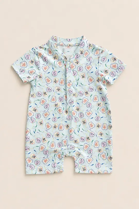 Mandarin-collared Polo Romper - Blue Fans