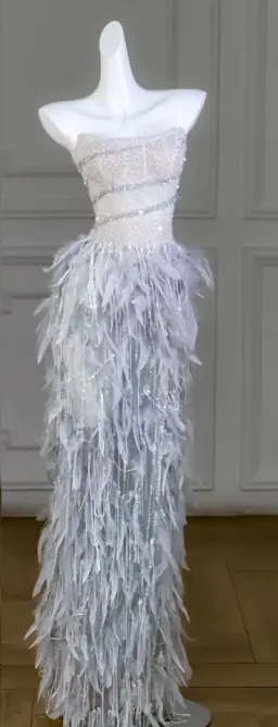 Gray-blue tube-top diamond waist sexy feather skirt long bridal dress R5801