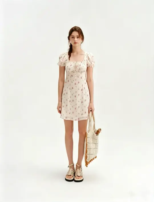 White Floral Print Mini Dress Women With Puff Sleeves And Square Neck R9466