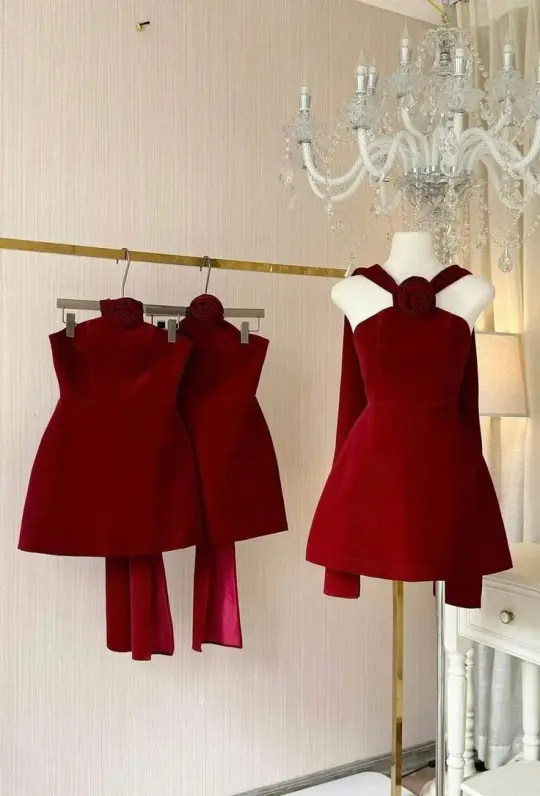 Red halter neck waist A-line slim short skirt homecoming dress R2893