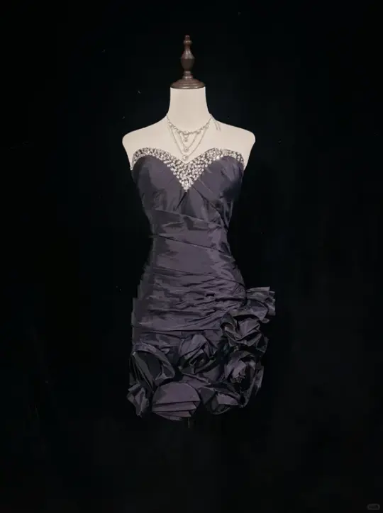 Black tube top diamond waist pleated skirt flower design short dress homecoming dress R4895