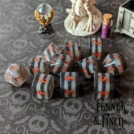 Black and White Stripe Dice Set – 7 or 11-Piece Gothic DnD Dice | Fennek & Finch