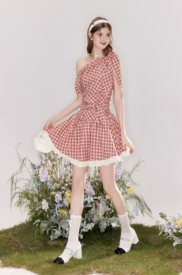 Cottagecore Gingham One-Shoulder Tie-Waist Mini Dress R9239