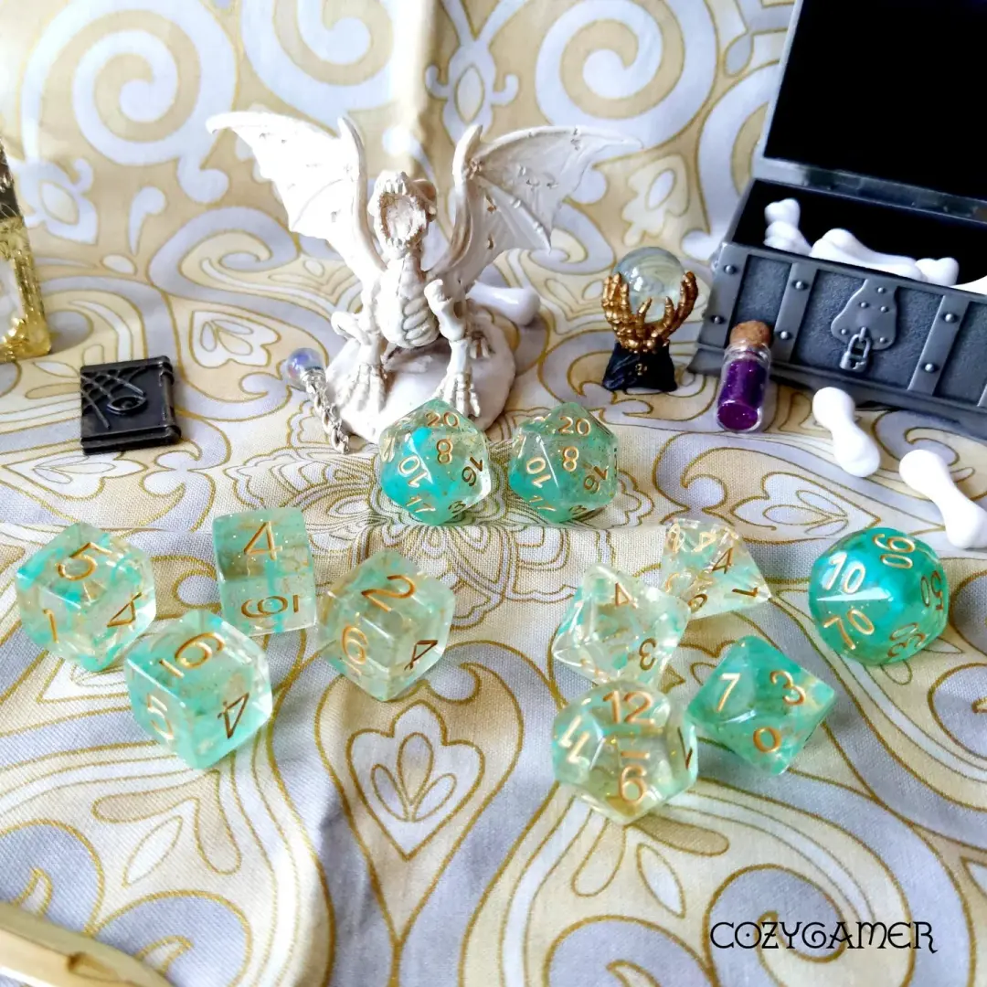 Green Glitter Smoke Dice Set – 11-Piece Clear Resin Gold Font Extra D20 D6s