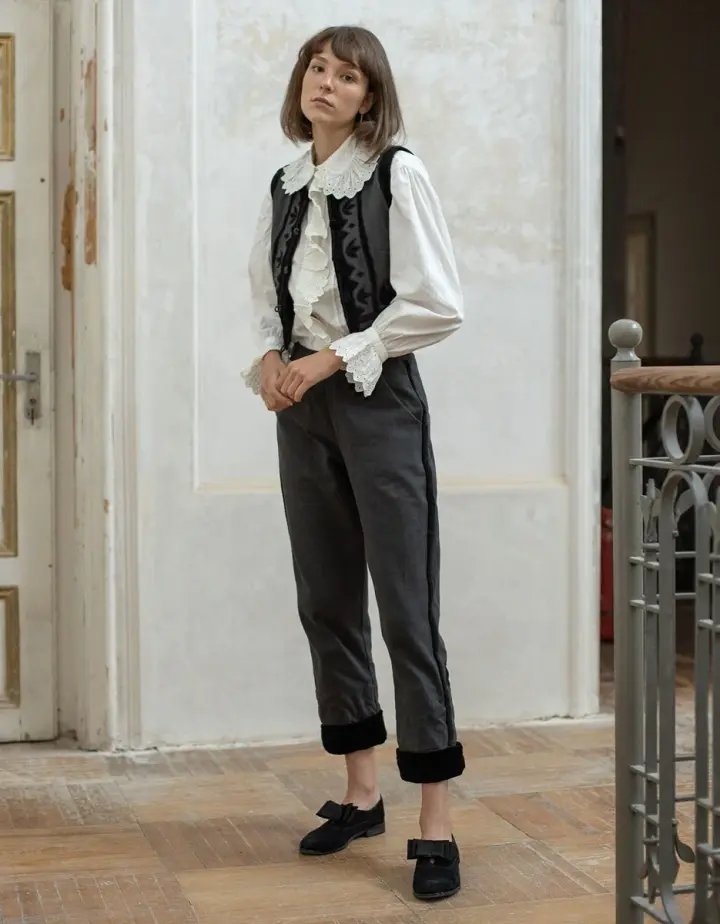 Pantalon 'Tanya' charbon et velours