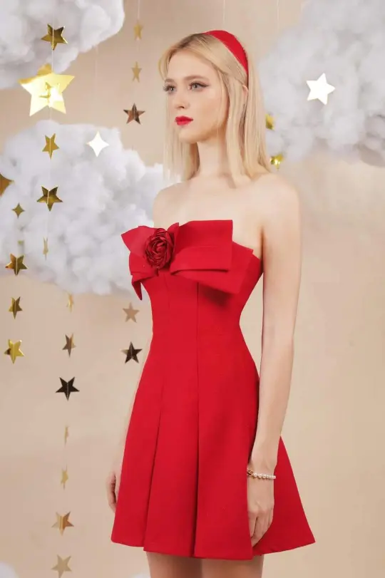 Red tube top neckline bow design waist slim short skirt homecoming dress R3647