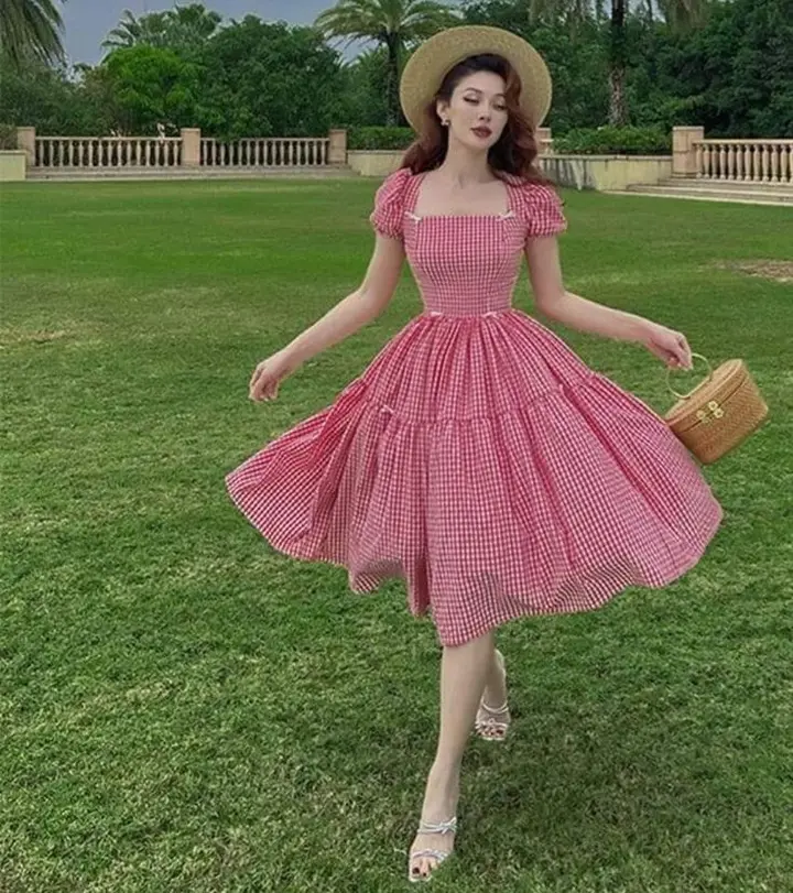 Pink checkered waist slim and gentle long skirt homecoming dress R3355