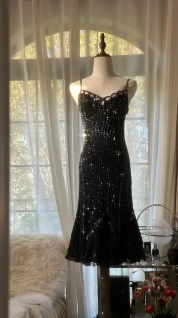 Black halter-neck fitted midi ball gown with rhinestone embellishments R7740