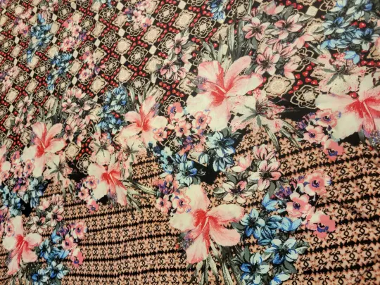 Flowy Border Print Pink Blue Black Geometric Polyester Crepe Fabric- By the Yard