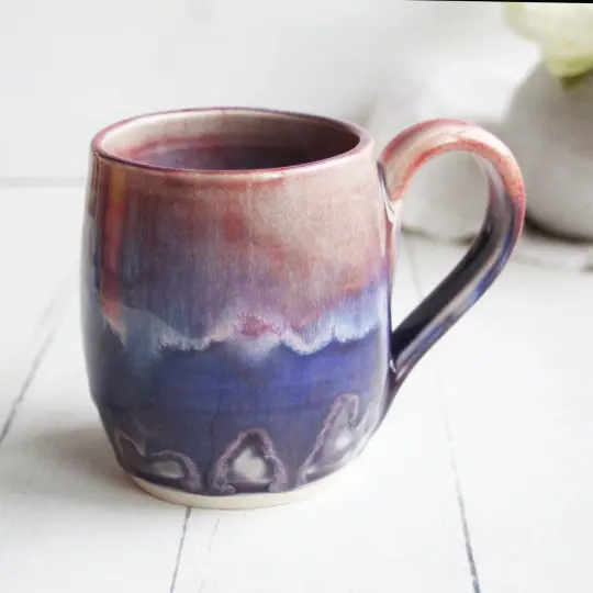 Pottery Mug with Water Color Purple and Mauve Glazes, 16 oz. Made in USA