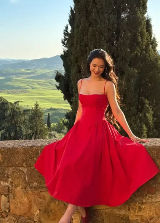 Flowy Spaghetti Straps Prom Gown Red Women's Corset Maxi Evening Dress Casual Dress RS2897