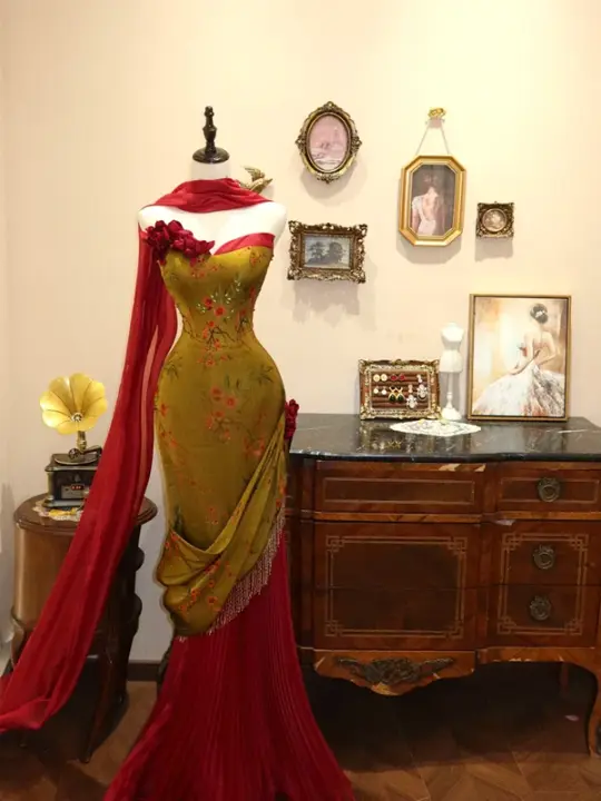 Yellow strapless fitted waist slim hips sexy long wedding dress R6601