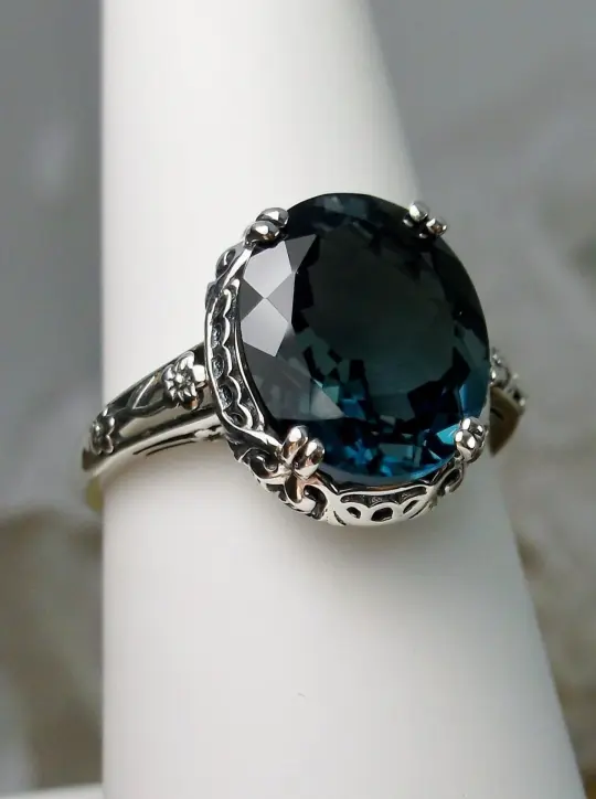 Topaz Ring, Natural London Blue Gemstone, Edwardian Antique Reproduction Jewelry #D70z