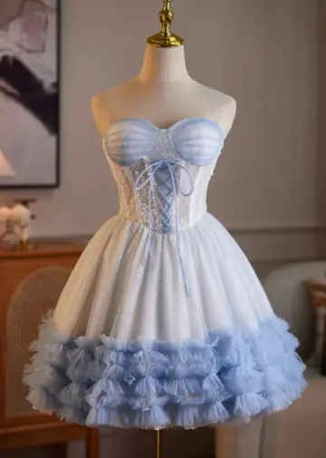 Cute Ruffled A-Line Strapless Bodycon Mini Birthday Dress Homecoming Dress RS362