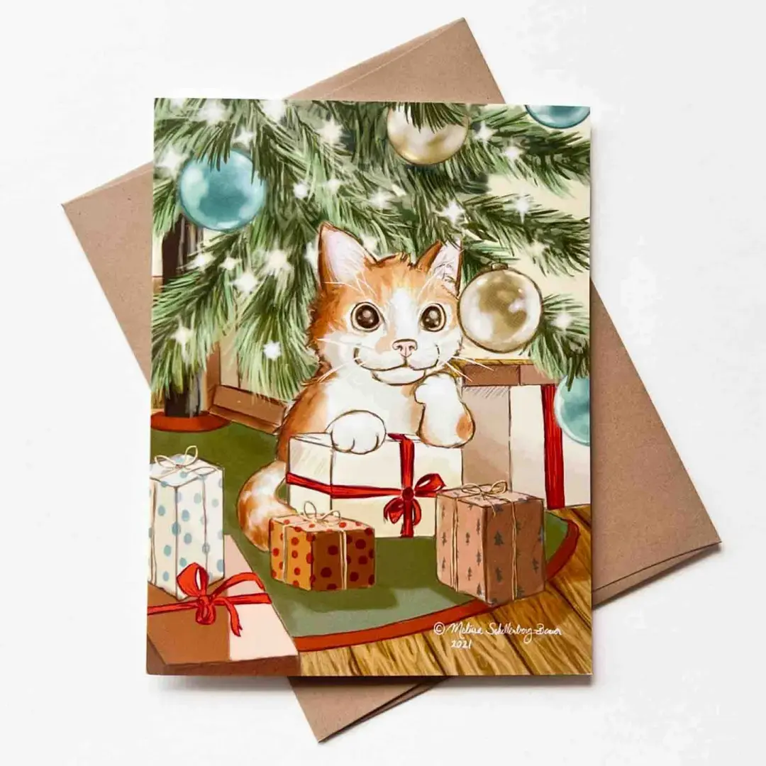 Cat Under The Christmas Tree Card