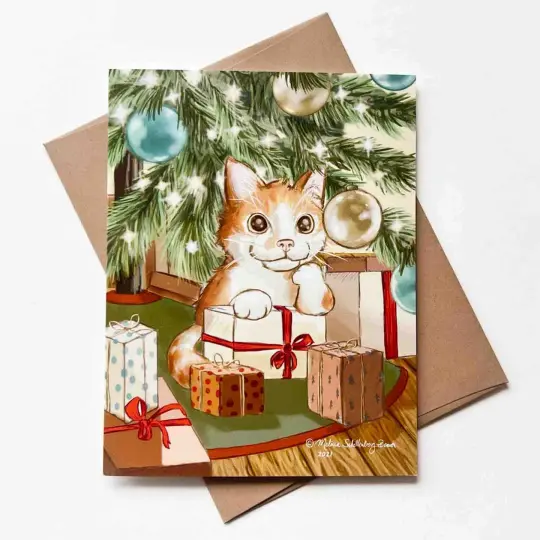 Cat Under The Christmas Tree Card
